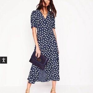 Boden Rosie Godet Tea Navy White Polka Dot V‑Neck Midi Dress